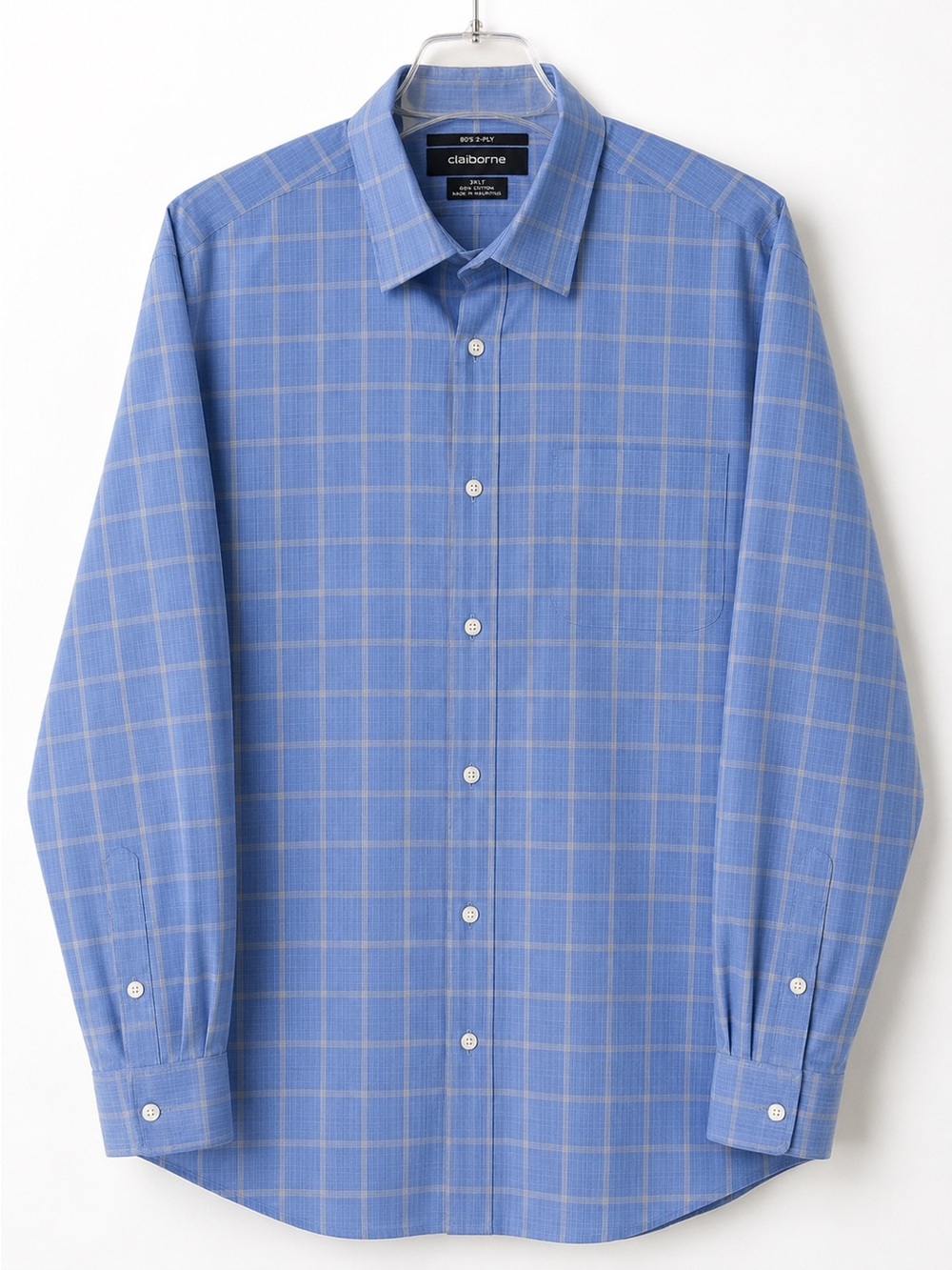 Big & Tall 3XLT Blue Plaid 100% Cotton Dress Shirt Claiborne